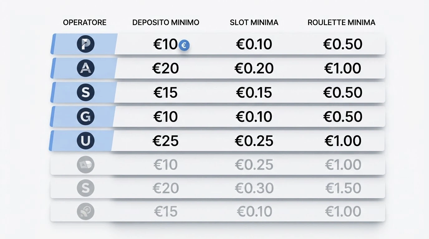 Una tabella comparativa stilizzata con colonne per operatore, deposito minimo, puntata slot e puntata roulette, cinque operatori in evidenza