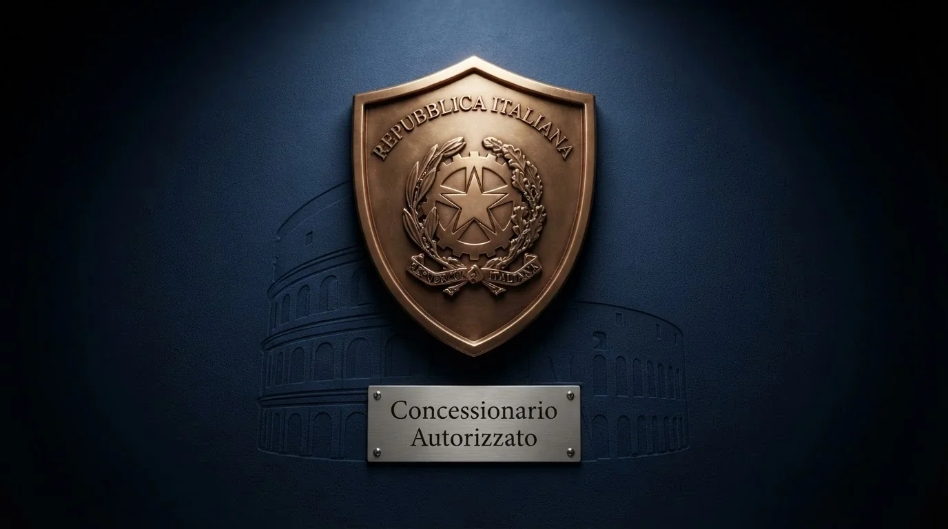 Il logo ufficiale ADM accanto alla scritta «concessionario autorizzato» su sfondo istituzionale blu, con il Colosseo stilizzato sullo sfondo