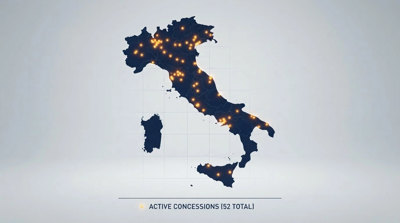 Una mappa stilizzata dell'Italia con 52 punti luminosi sparsi sul territorio, a rappresentare i concessionari attivi