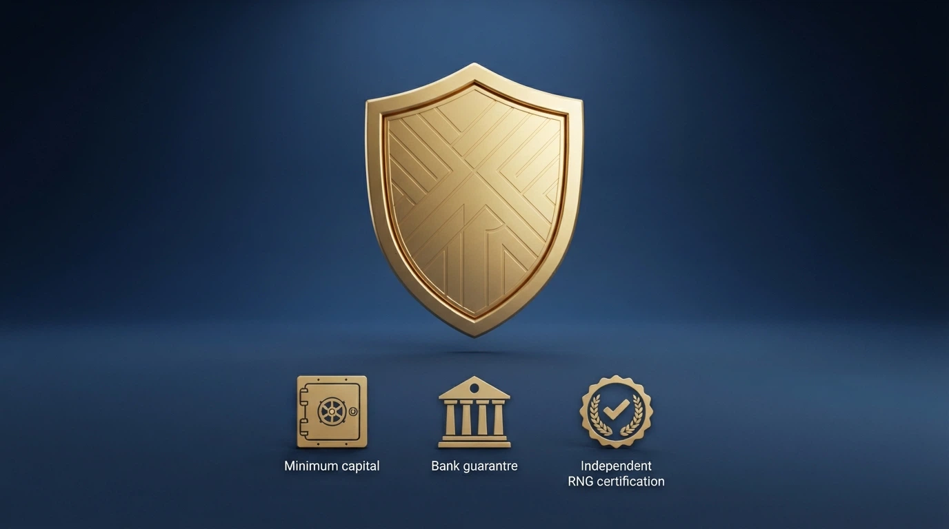 Logo ufficiale dell'ADM accanto a icone che rappresentano i requisiti di concessione: capitale, garanzia bancaria, certificazione RNG