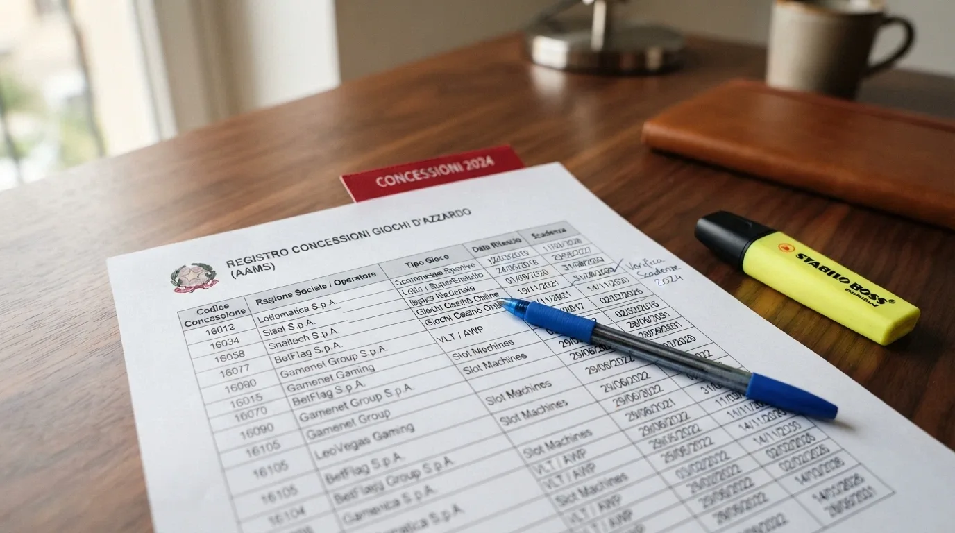 Un estratto del registro ufficiale dei concessionari ADM con codici GAD, ragioni sociali e date di concessione in evidenza