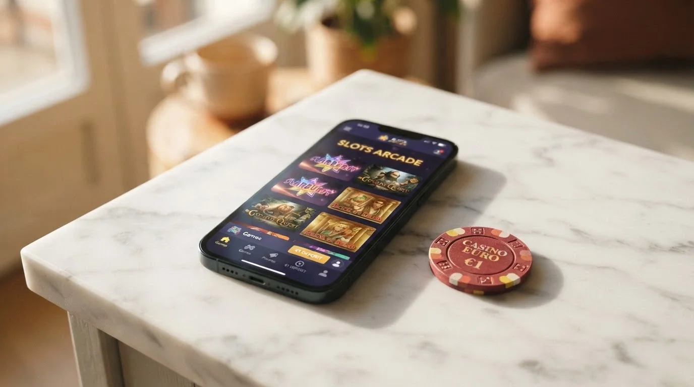 Un telefono con la schermata di un casinò mobile e una moneta da 1 euro posata accanto, su sfondo neutro