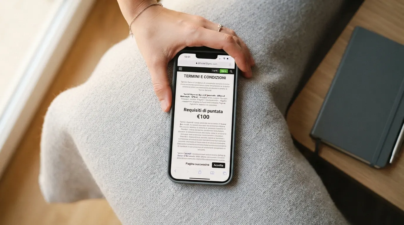 Schermata dei termini e condizioni di un bonus di benvenuto su un'app casinò per iPhone