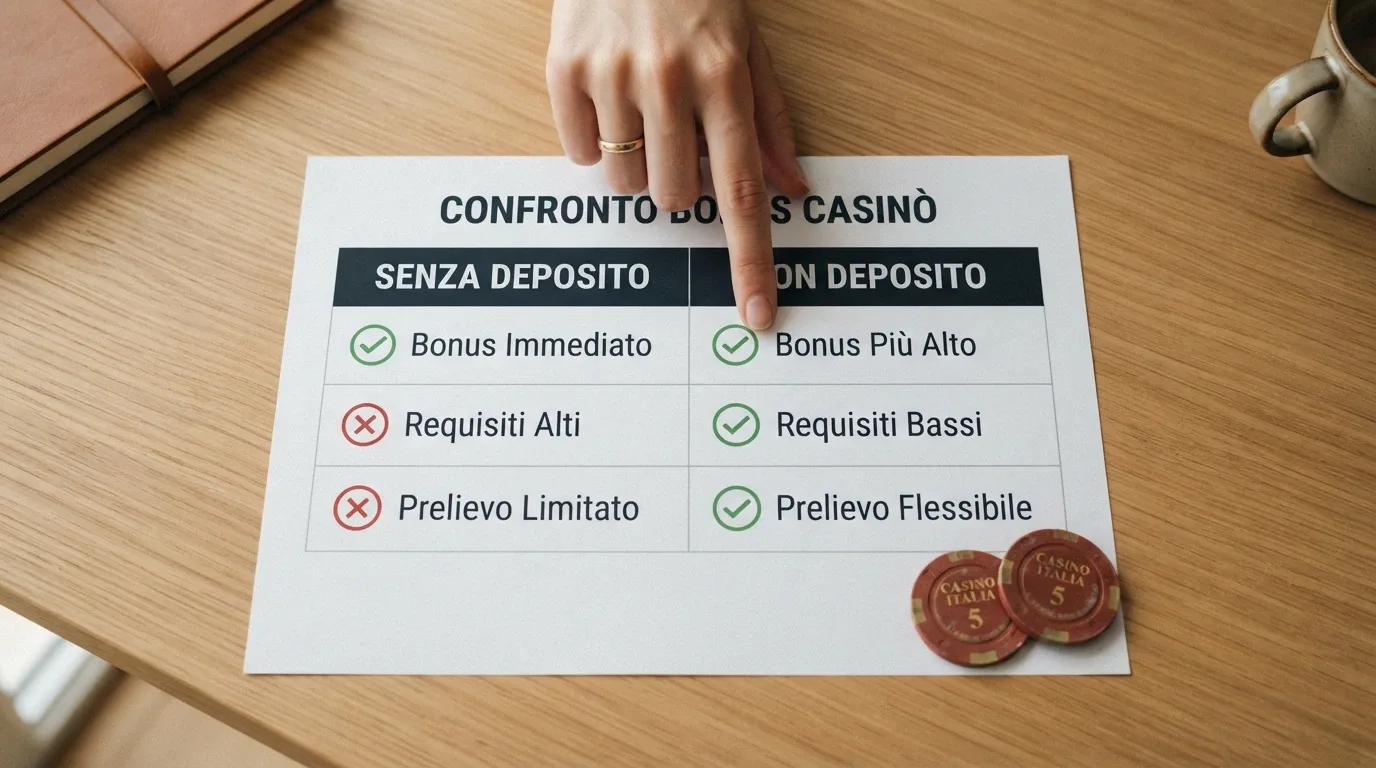Due colonne affiancate che mettono a confronto le condizioni di un bonus senza deposito e di un welcome bonus con deposito