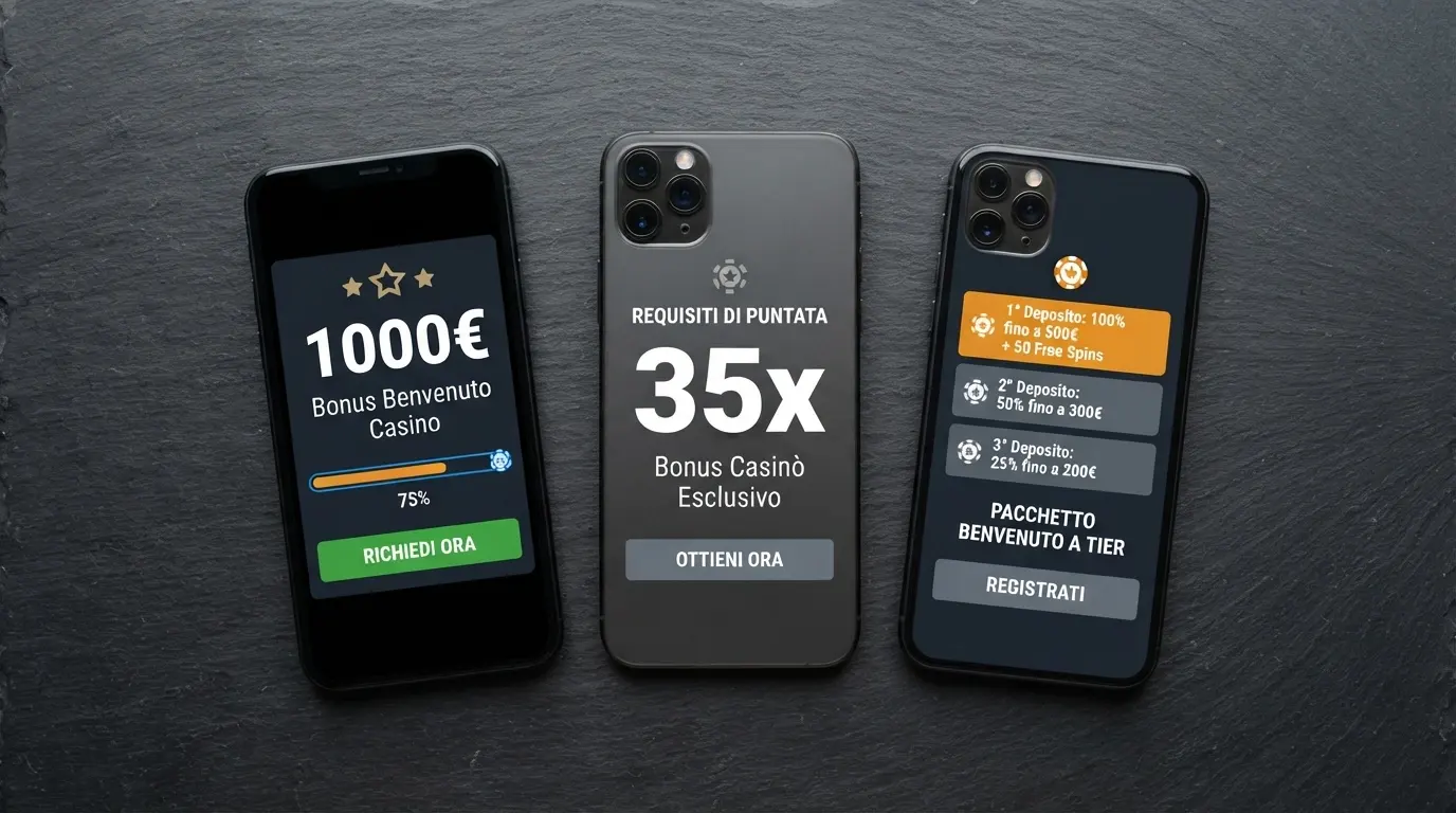 Tre schermate affiancate di diversi bonus di benvenuto su app casinò Android, con evidenza sui wagering