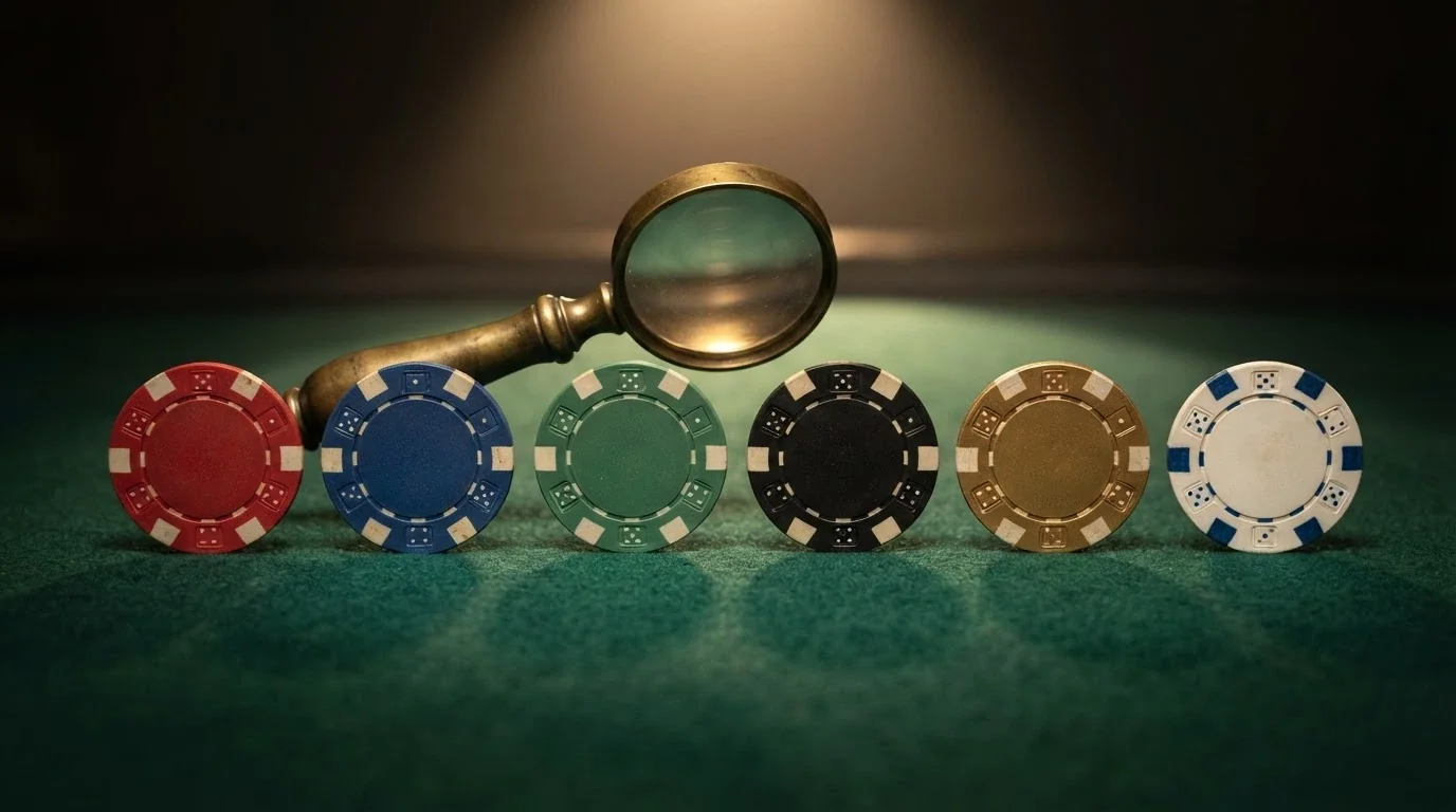 Una fila di loghi di casinò online con licenza ADM disposti ordinatamente, con una lente di ingrandimento che ne esamina uno