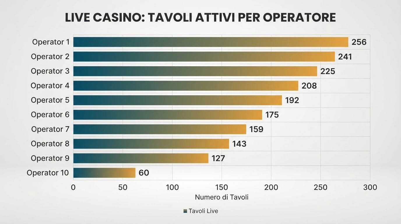 Interfaccia comparativa stilizzata che mostra loghi e dati chiave dei casinò dal vivo recensiti, in stile dashboard.