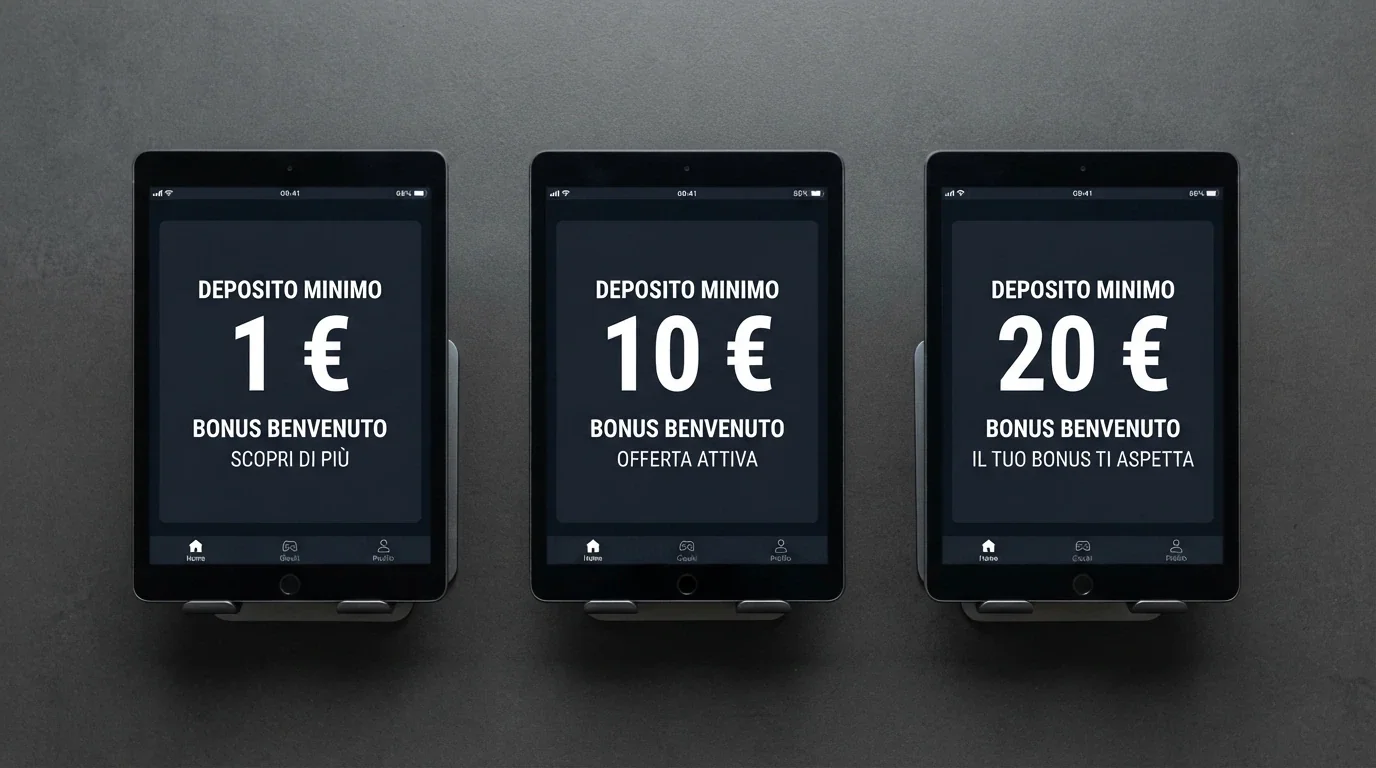 Una schermata comparativa che affianca le pagine di deposito di tre casinò ADM con soglie diverse (1 €, 10 €, 20 €)