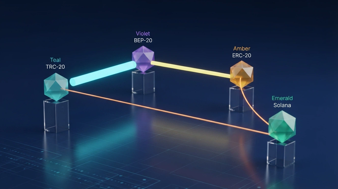 Quattro icone delle blockchain Tron, Ethereum, BNB Smart Chain e Solana affiancate con frecce di diversa lunghezza che indicano velocità di transazione
