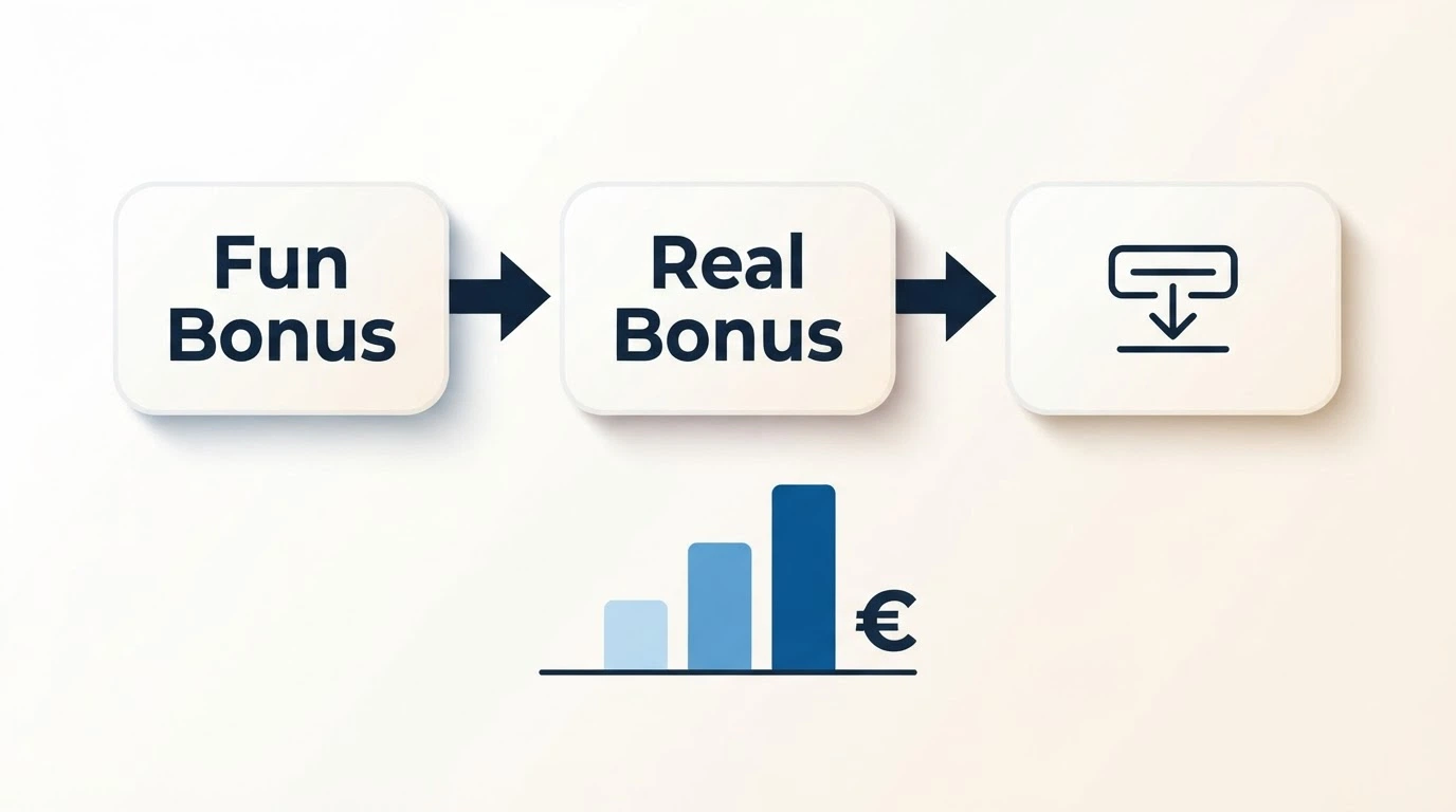 Un diagramma semplificato su sfondo bianco che mostra il flusso da Fun Bonus a Real Bonus a Prelievo, con accanto un contatore che sale