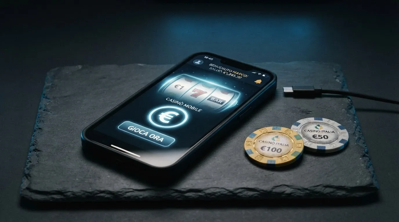 Monete Bitcoin fisiche su un tavolo accanto a uno smartphone con interfaccia di casinò in criptovaluta
