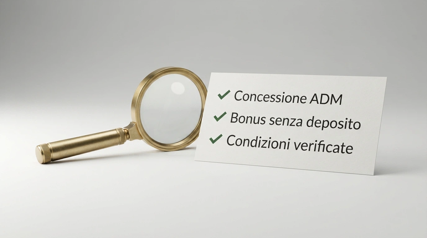 Una lente di ingrandimento su una checklist con tre voci barrate: «Concessione ADM», «Bonus senza deposito», «Condizioni verificate»
