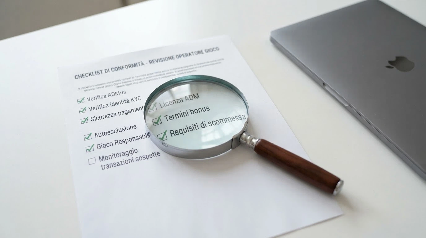 Una lente di ingrandimento su una checklist con voci «Licenza ADM», «Termini bonus», «Requisiti di scommessa»