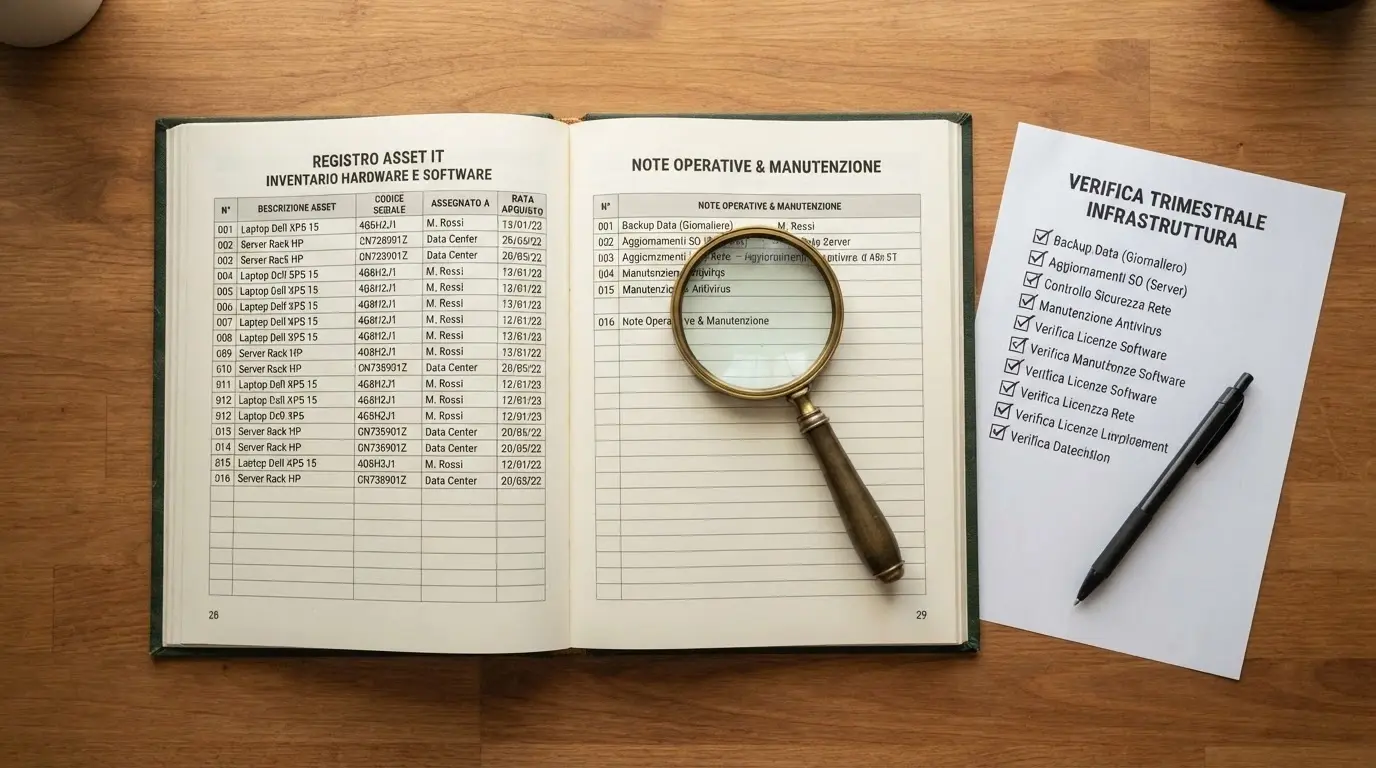 Una scrivania con un registro aperto, una lente d'ingrandimento su un documento con il logo ADM e una lista di controllo con voci spuntate