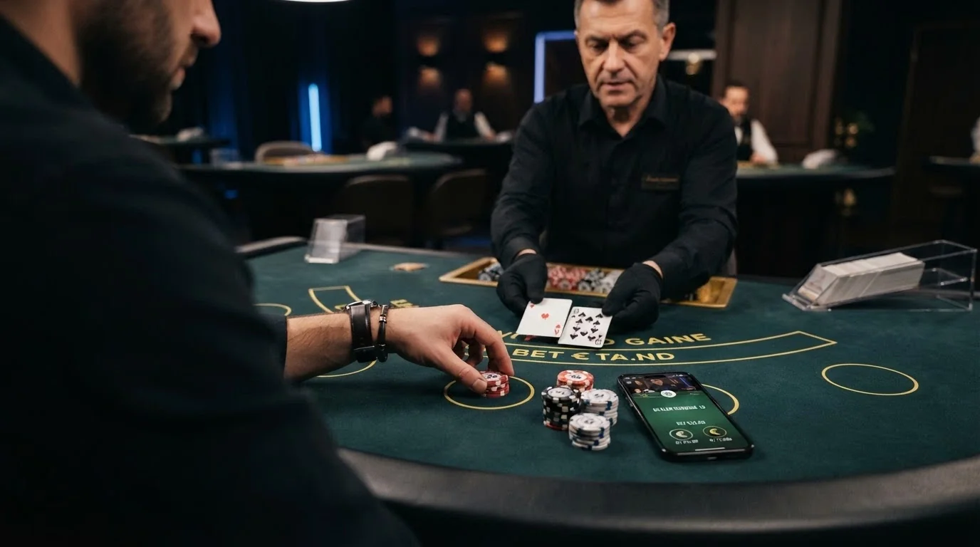 Primo piano di un dealer che distribuisce carte a un tavolo di blackjack dal vivo, con mani del giocatore e interfaccia di scommessa.