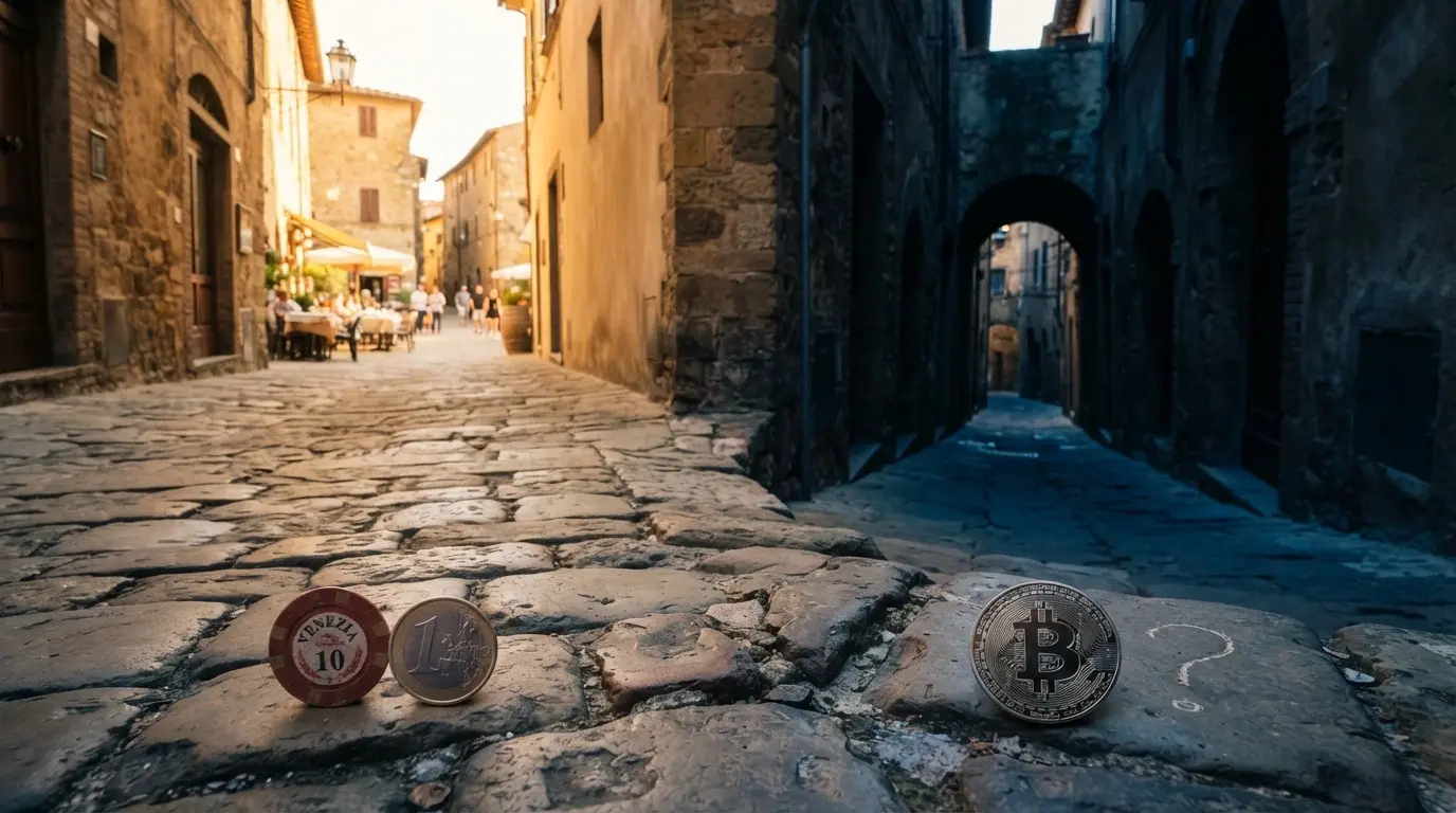 Una strada che si biforca: a sinistra il percorso verso un casinò ADM con scudo e simbolo euro, a destra il percorso verso un casinò crypto con simbolo BTC e un punto interrogativo sopra