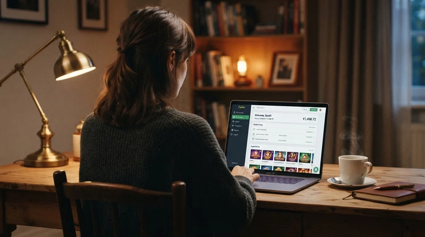 Un giocatore adulto al computer, con lo sguardo rivolto allo schermo, una tazza di caffè accanto e l'interfaccia di un casinò ADM sullo schermo, atmosfera domestica e riflessiva