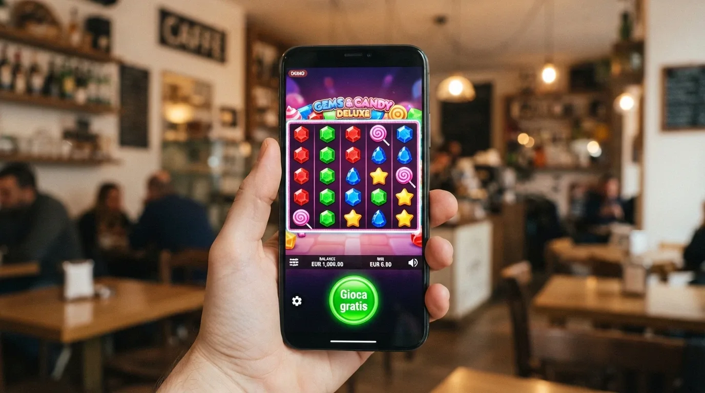 Uno smartphone in mano con una slot BTG in modalità demo, il pulsante «Gioca gratis» evidenziato