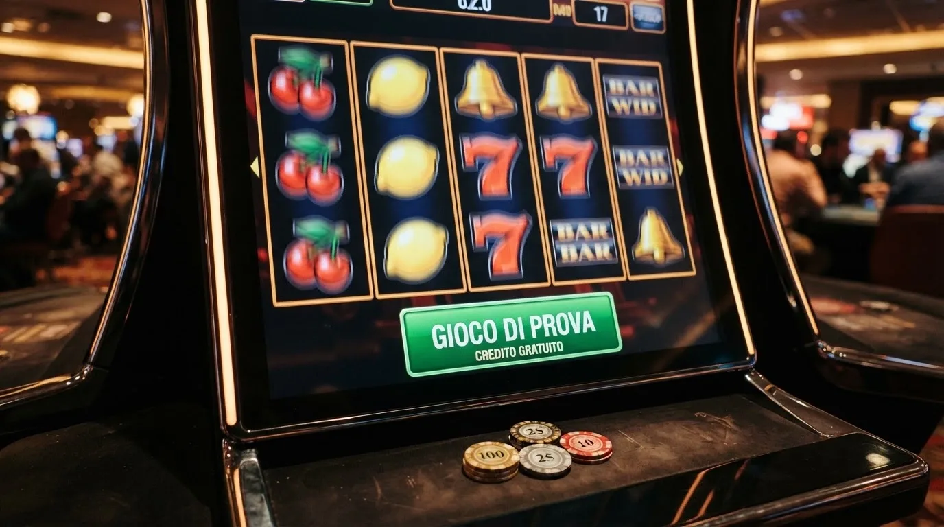 Una slot machine in modalità demo con la scritta «fun mode» e fiches virtuali sul tavolo