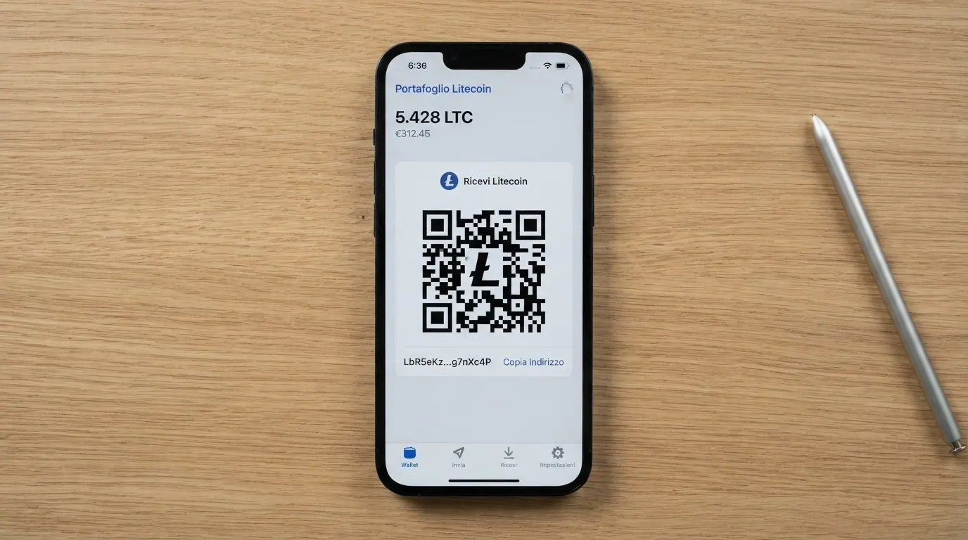 Schermata di un wallet Litecoin con codice QR per deposito su piattaforma di gioco