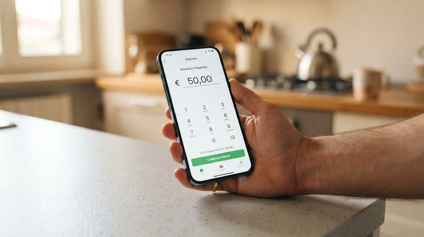 Una mano che tiene uno smartphone con l'app PostePay aperta sulla schermata di ricarica, accanto alla pagina di cassa di un casino