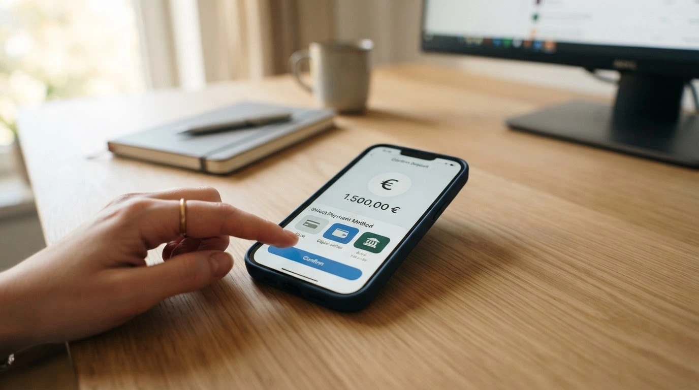 iPhone che mostra una schermata di deposito con diverse opzioni di pagamento tra cui Apple Pay