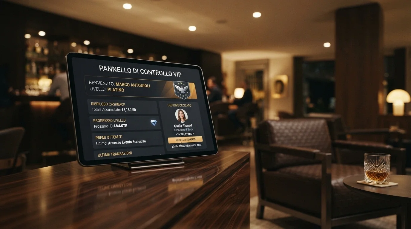 Area lounge esclusiva di un casinò online VIP con dashboard personalizzata e benefit in evidenza