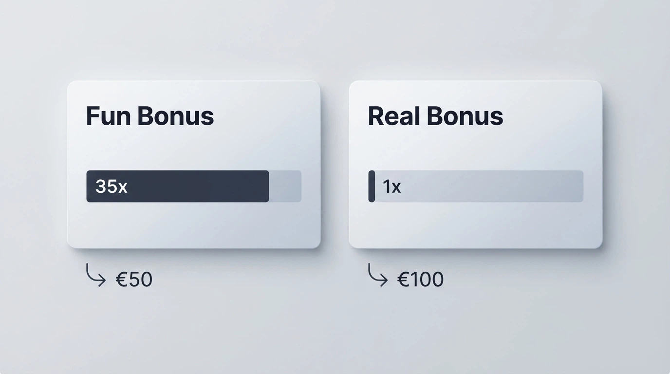 Schemata di un casinò ADM con due offerte affiancate: una etichettata Fun Bonus e una Real Bonus, con i rispettivi rollover