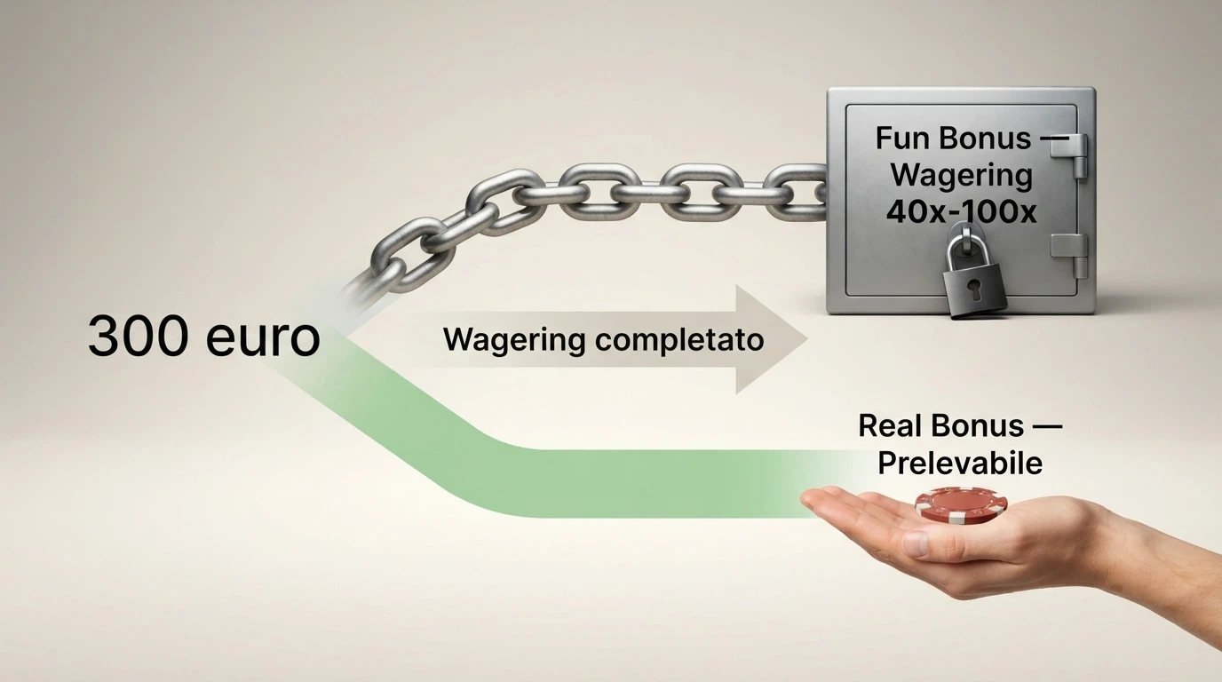 Schema che mostra il percorso del Fun Bonus (bloccato, soggetto a wagering) e del Real Bonus (prelevabile subito)