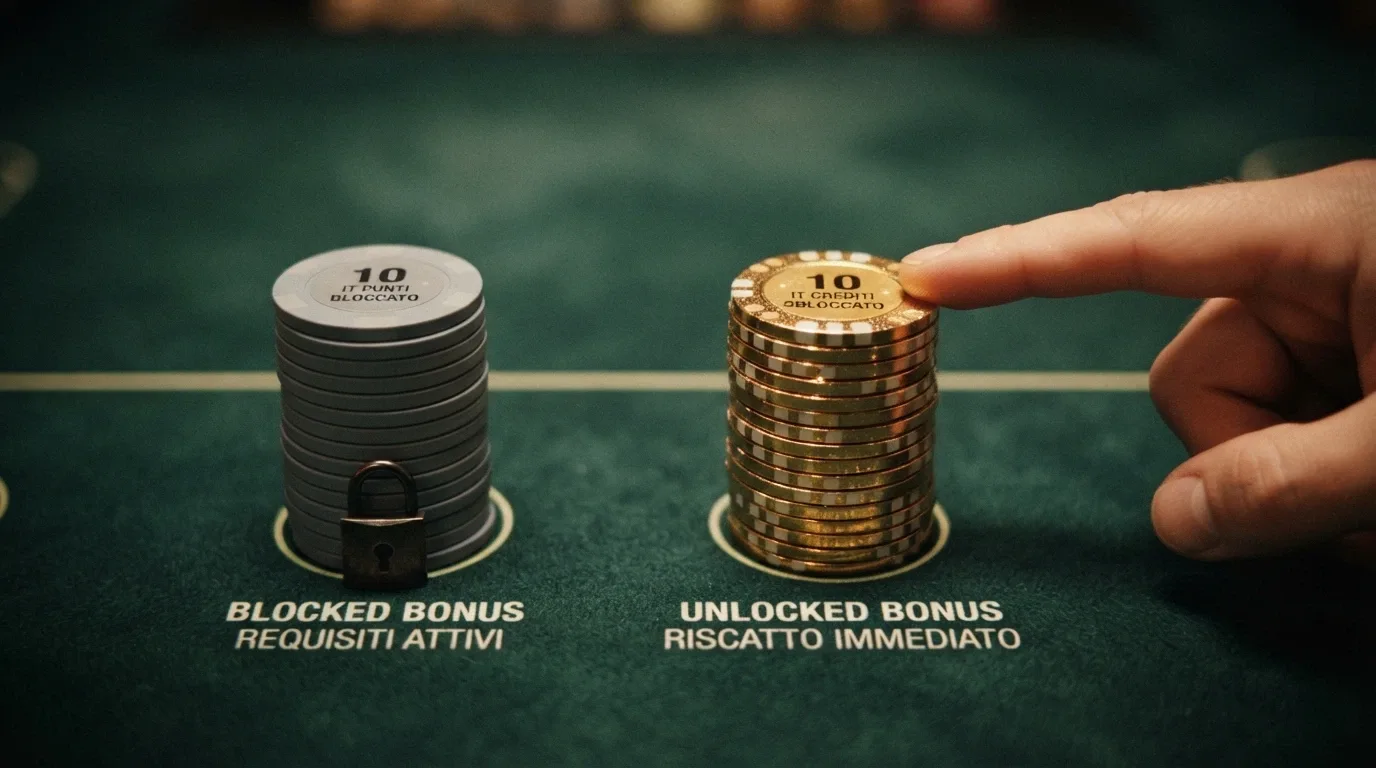 Due pile di fiches separate: una grigia etichettata «Fun Bonus» con un lucchetto, una dorata «Real Bonus» senza lucchetto, su tavolo da casinò