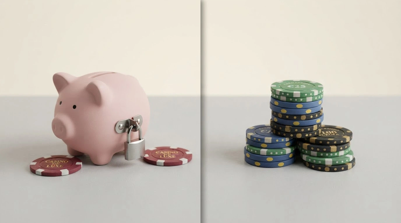 Due colonne affiancate: a sinistra un salvadanaio chiuso con lucchetto (Fun Bonus), a destra banconote in euro libere (Real Bonus)