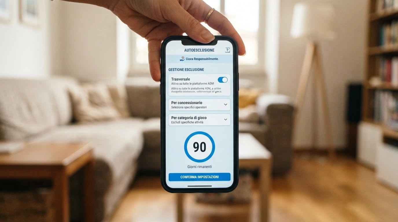 Un'interfaccia di autoesclusione con tre opzioni selezionabili: trasversale, per concessionario, per categoria di gioco, con un contatore di giorni