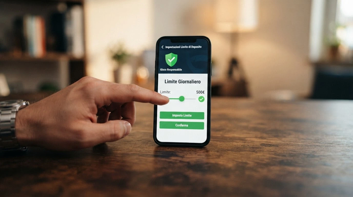 Una mano che imposta un limite di deposito sull'interfaccia di un casinò, con il logo RUA e il numero verde per il gioco d'azzardo visibili in sovrimpressione