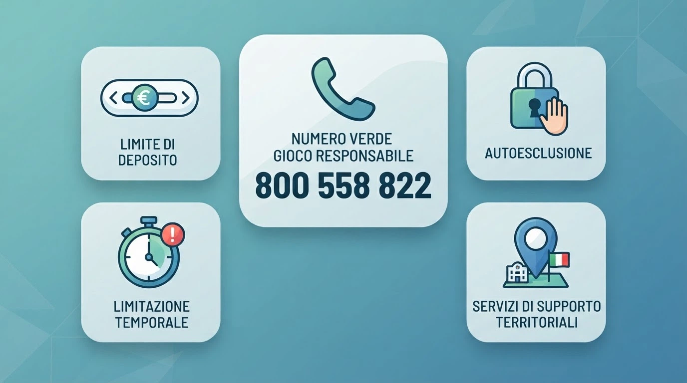 Una composizione con icone di limite di deposito, autoesclusione, timer di sessione e il numero verde 800 558 822 in evidenza