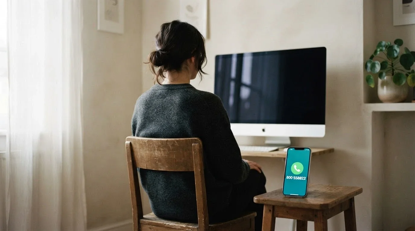Una persona seduta davanti a uno schermo spento con un telefono a fianco che mostra il numero verde 800 558822 — il Telefono Verde contro il Gioco d'Azzardo