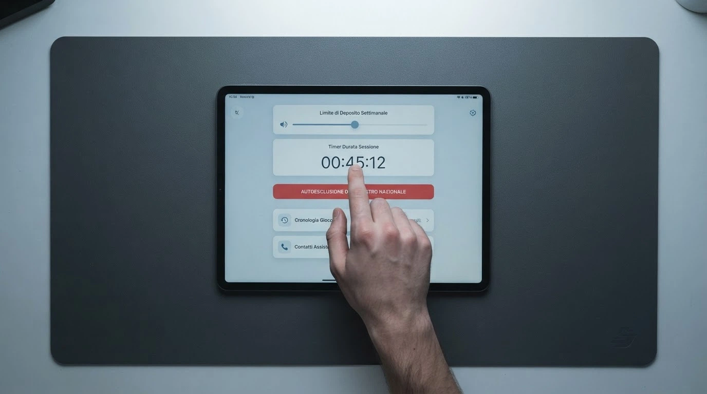 Una dashboard di autolimitazione con slider per limite di deposito settimanale, timer di sessione e pulsante «Autoesclusione RUA», su sfondo sobrio