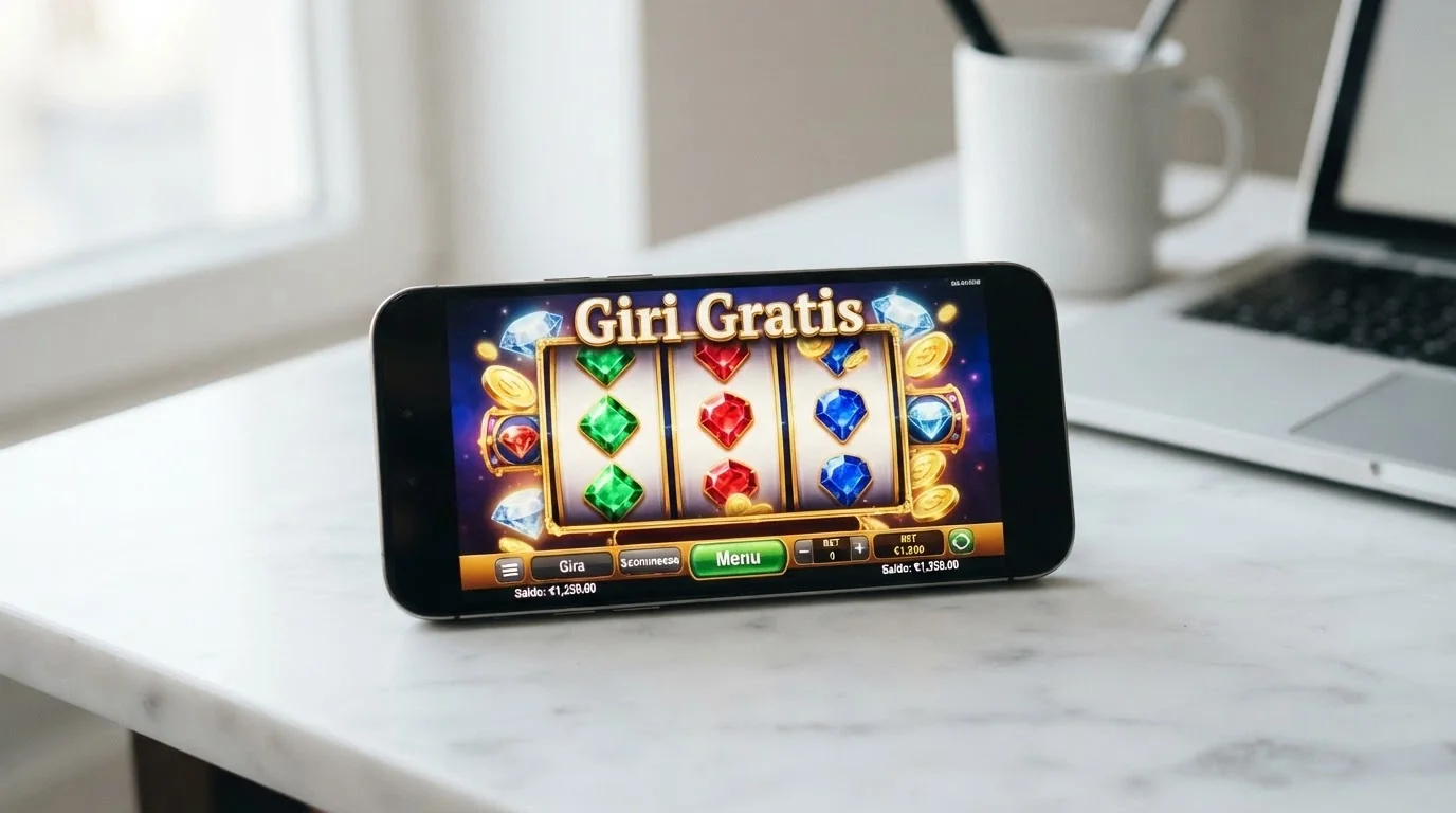 Un telefono con una slot colorata sullo schermo e l'indicazione «Free Spins» in sovrimpressione