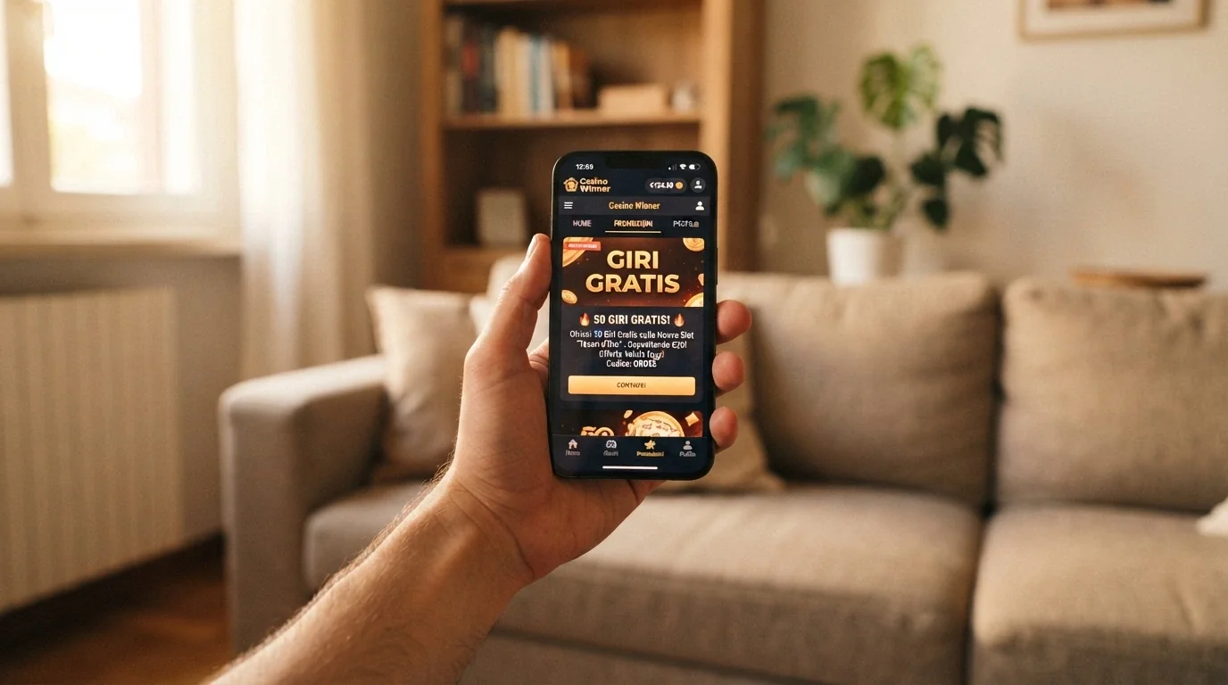 Uno smartphone che mostra l'interfaccia mobile di un casinò ADM con una promozione di giri gratis attiva