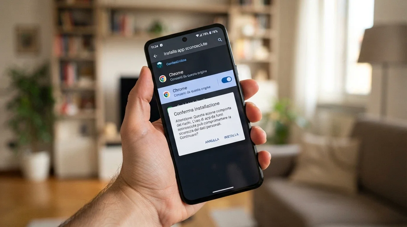 Schermata delle impostazioni Android con opzione «Installa da fonti sconosciute» attivata e finestra di dialogo di installazione APK