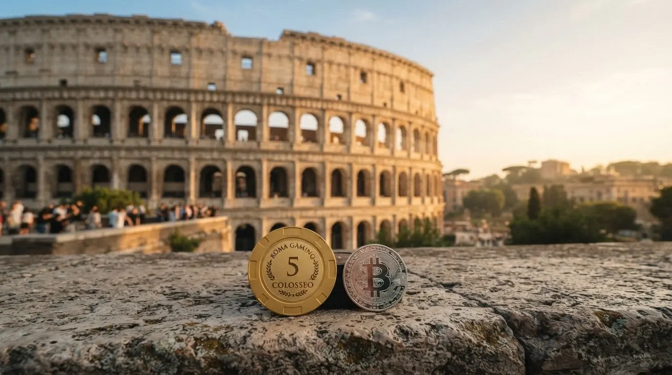 Il Colosseo o un simbolo architettonico italiano riconoscibile in secondo piano, con in primo piano un documento ufficiale stilizzato e il logo ADM, su una scala di grigi che contrasta con il dorato di una moneta Bitcoin