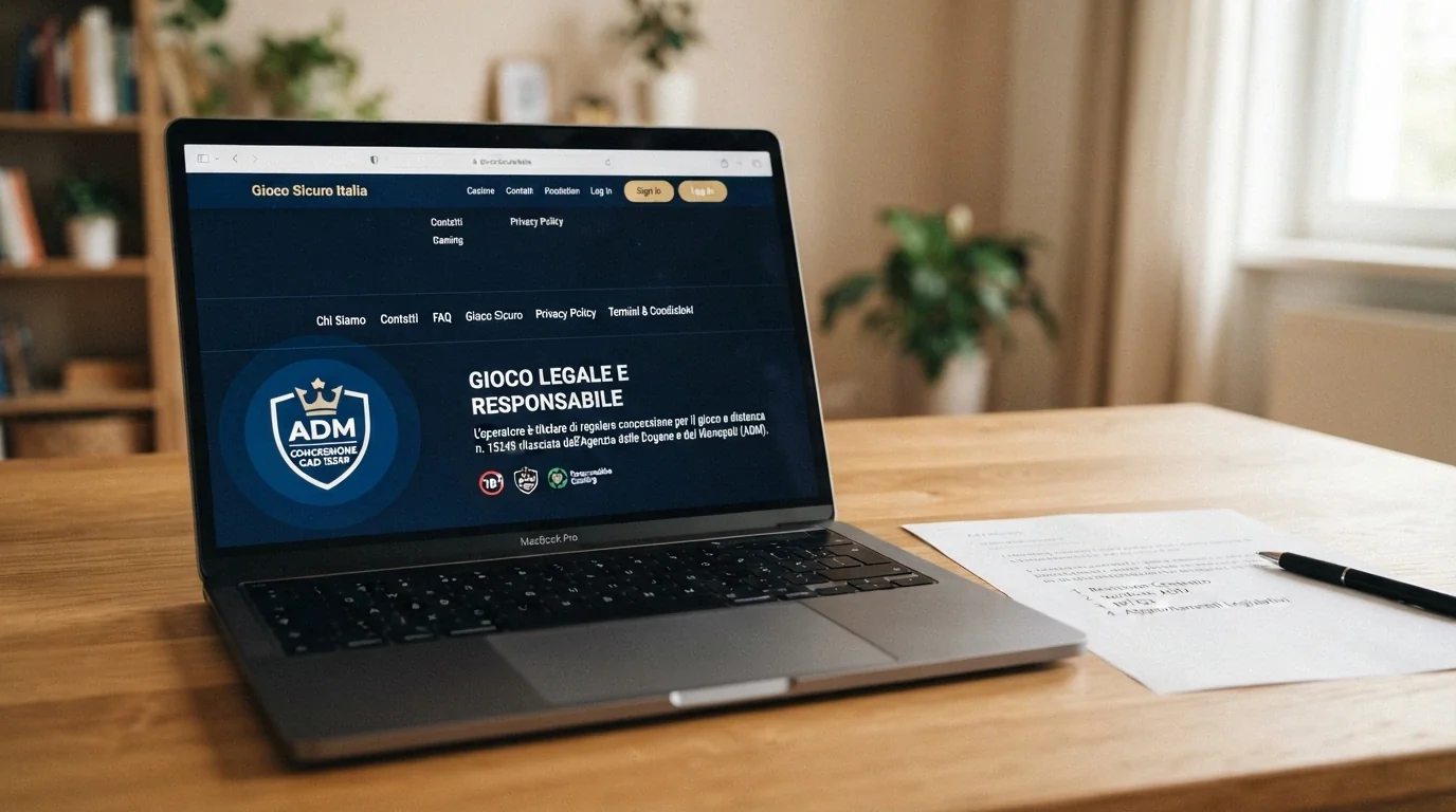 Primo piano del logo ADM sul footer di un sito di casinò online autorizzato, con il numero di concessione visibile