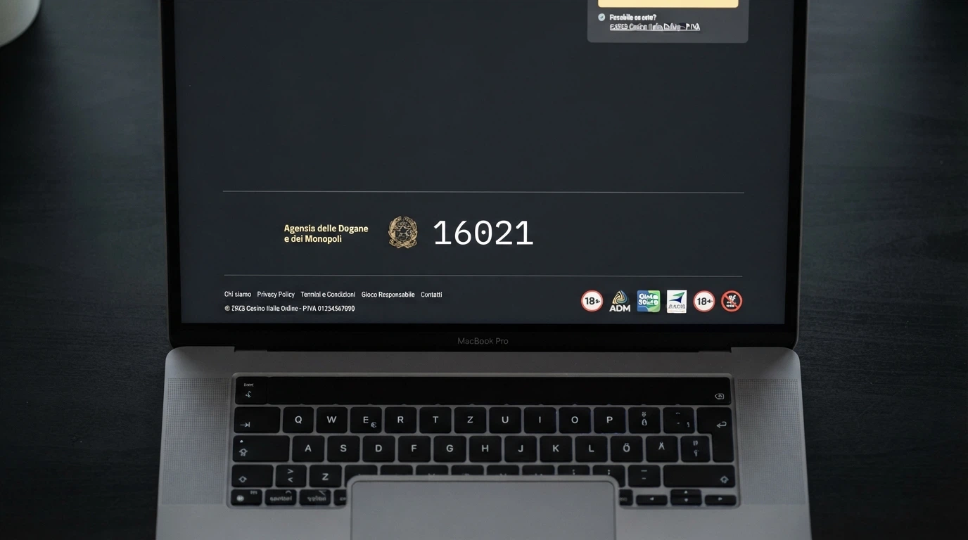 Il footer di un casinò online con evidenziato il codice concessione ADM a 5 cifre che inizia per 16 e il logo dell'Agenzia delle Dogane e dei Monopoli