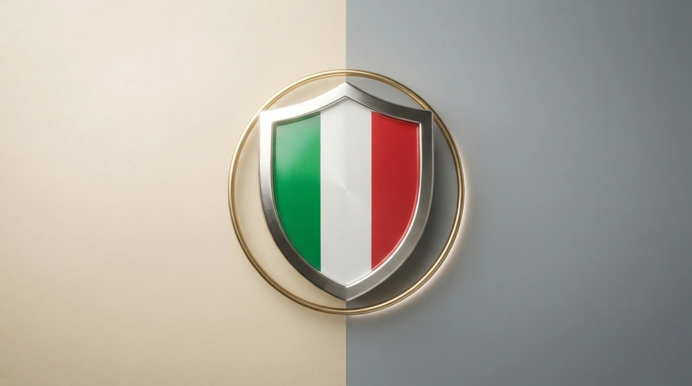 Un sigillo ufficiale ADM stilizzato accanto a uno scudo con la bandiera italiana, su uno sfondo diviso a metà: a sinistra un ambiente ordinato (ADM), a destra un'area grigia senza simboli (non AAMS)