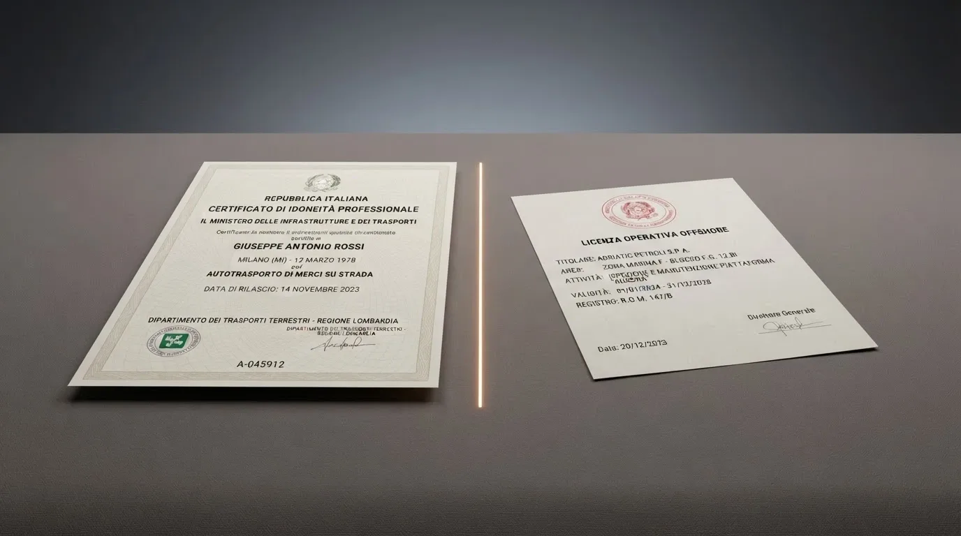 Un documento di licenza Curaçao affiancato al logo ADM su uno sfondo diviso a metà
