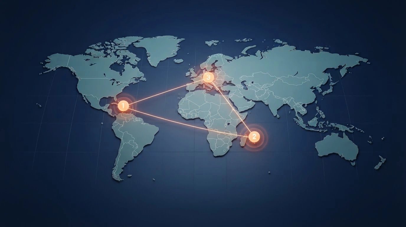 Mappa stilizzata con Curaçao, Anjouan e l'Italia collegati da frecce che rappresentano i flussi di licenza dei casinò Dogecoin
