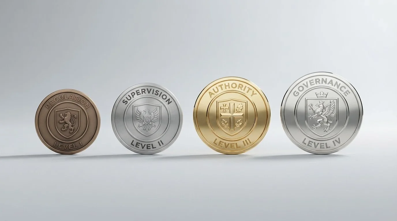 Quattro sigilli di autorità di licenza (MGA, Curaçao, Anjouan, UKGC) disposti su una scala crescente di protezione