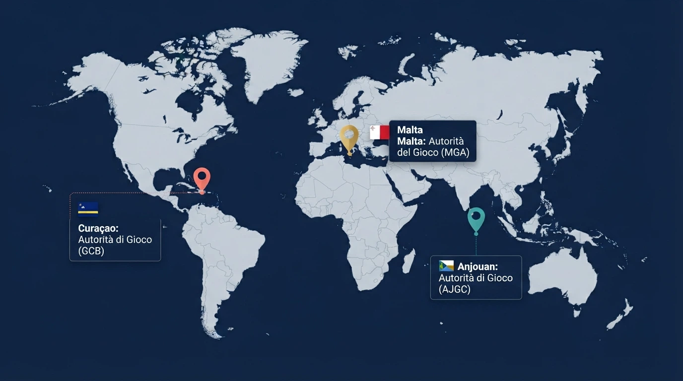 Mappa delle giurisdizioni offshore con le bandiere di Curaçao, Malta e Anjouan e le rispettive autorità di regolazione