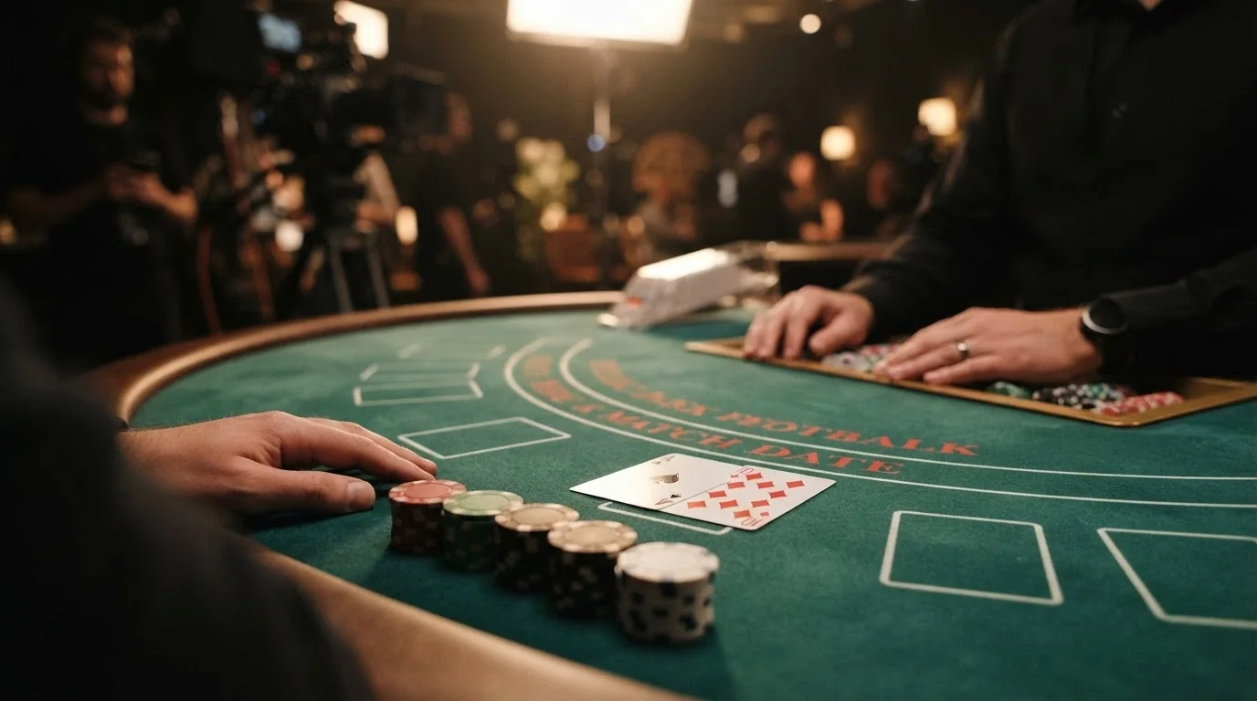 Un tavolo da blackjack dal vivo con il dettaglio di una puntata in corso: le fiches sul tavolo e lo schermo del croupier in secondo piano