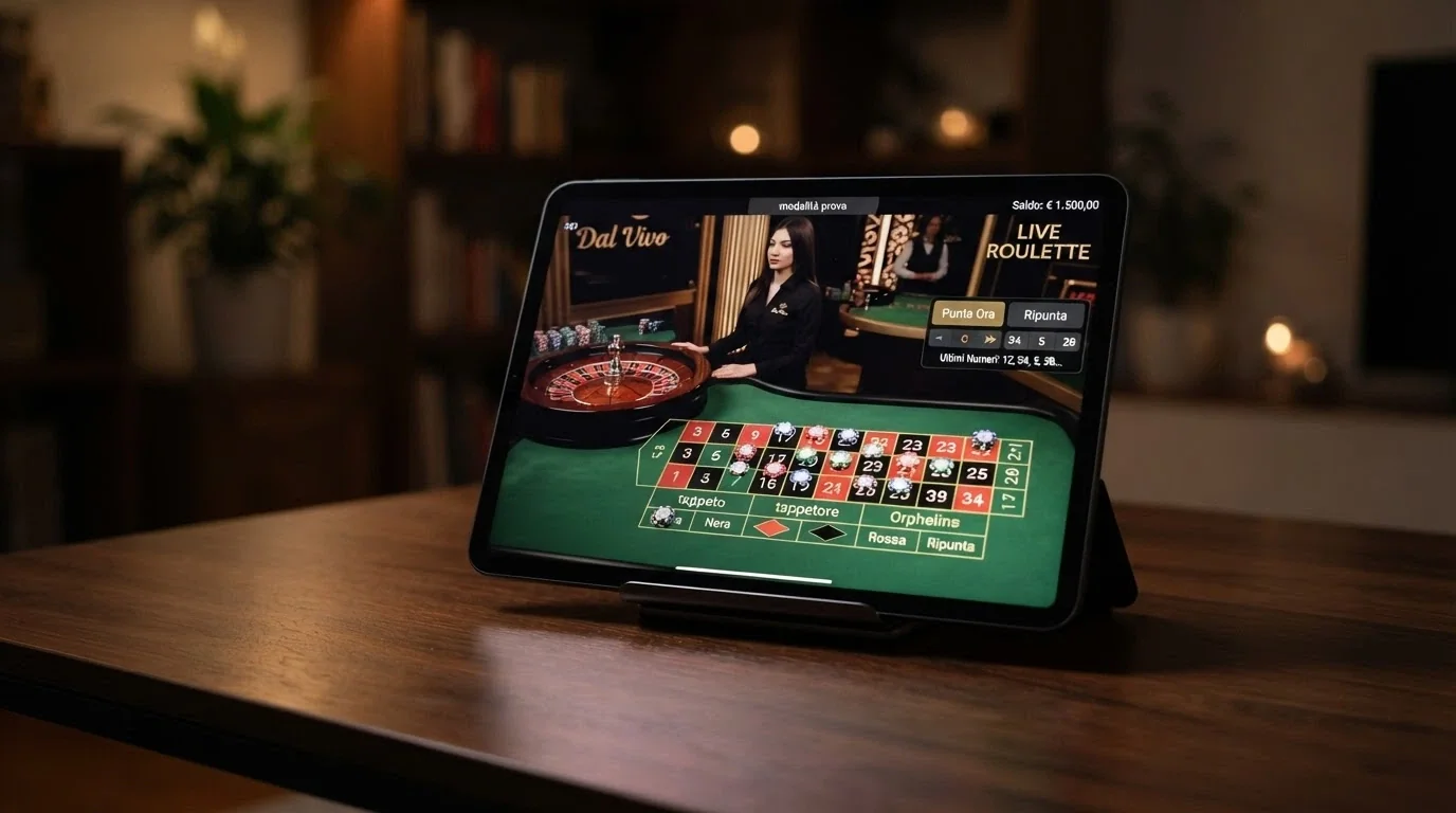 Un tavolo di roulette dal vivo con croupier in streaming su uno schermo, con l'indicatore «modalità prova» e un saldo virtuale visibile