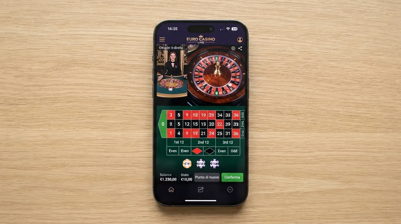 Uno smartphone in orizzontale appoggiato su un tavolo mostra l'interfaccia di un tavolo live con le caselle di puntata touch e il video del croupier in streaming